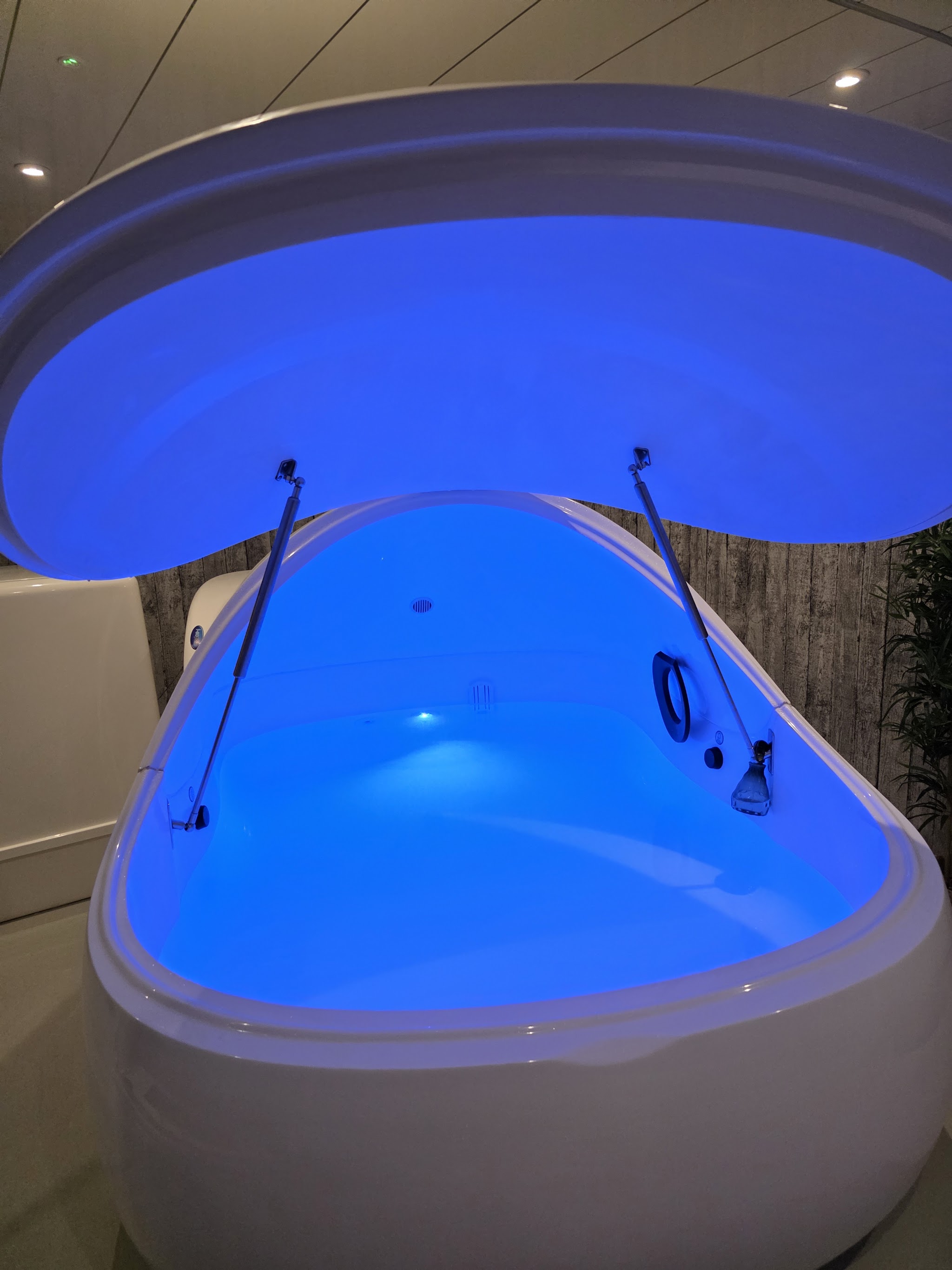 Close up of the open pod with its blue light on